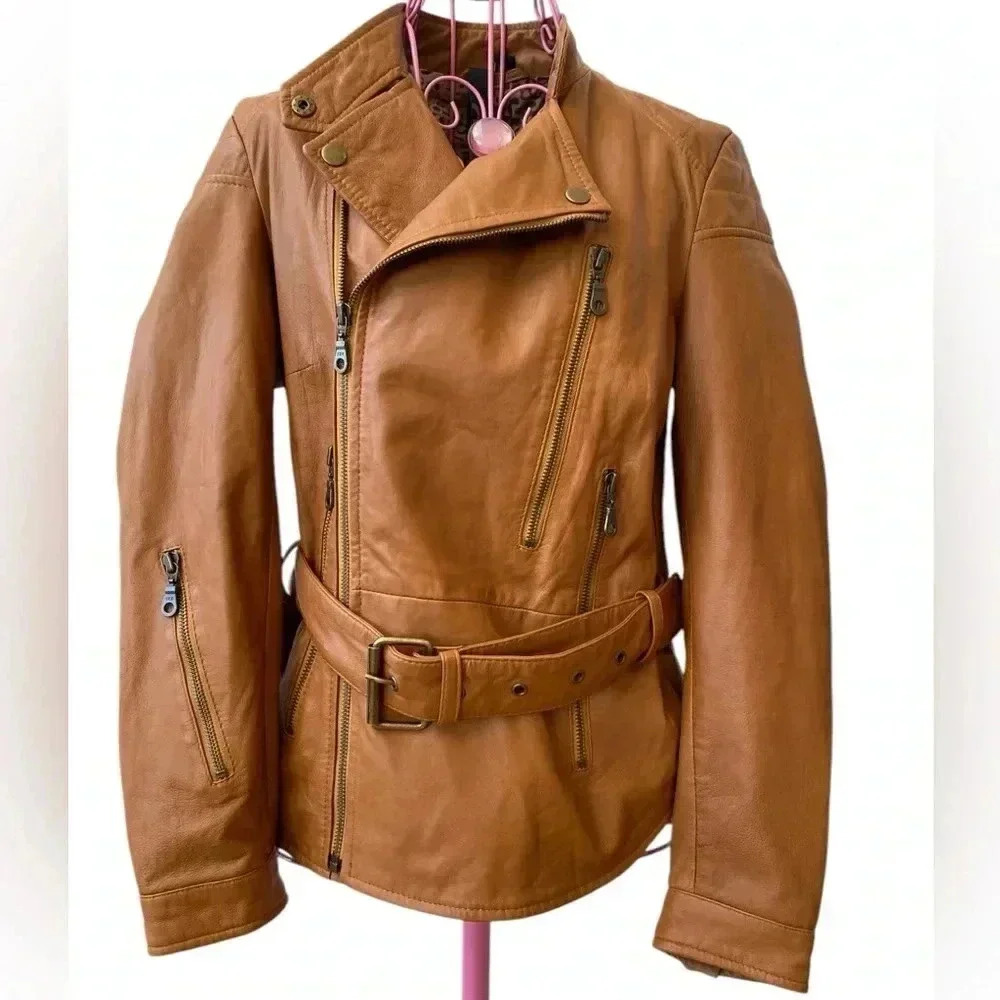 Kenna-T Leather Moto Jacket Women’s Size Small Tan Biker Jacket - Picture 2 of 16